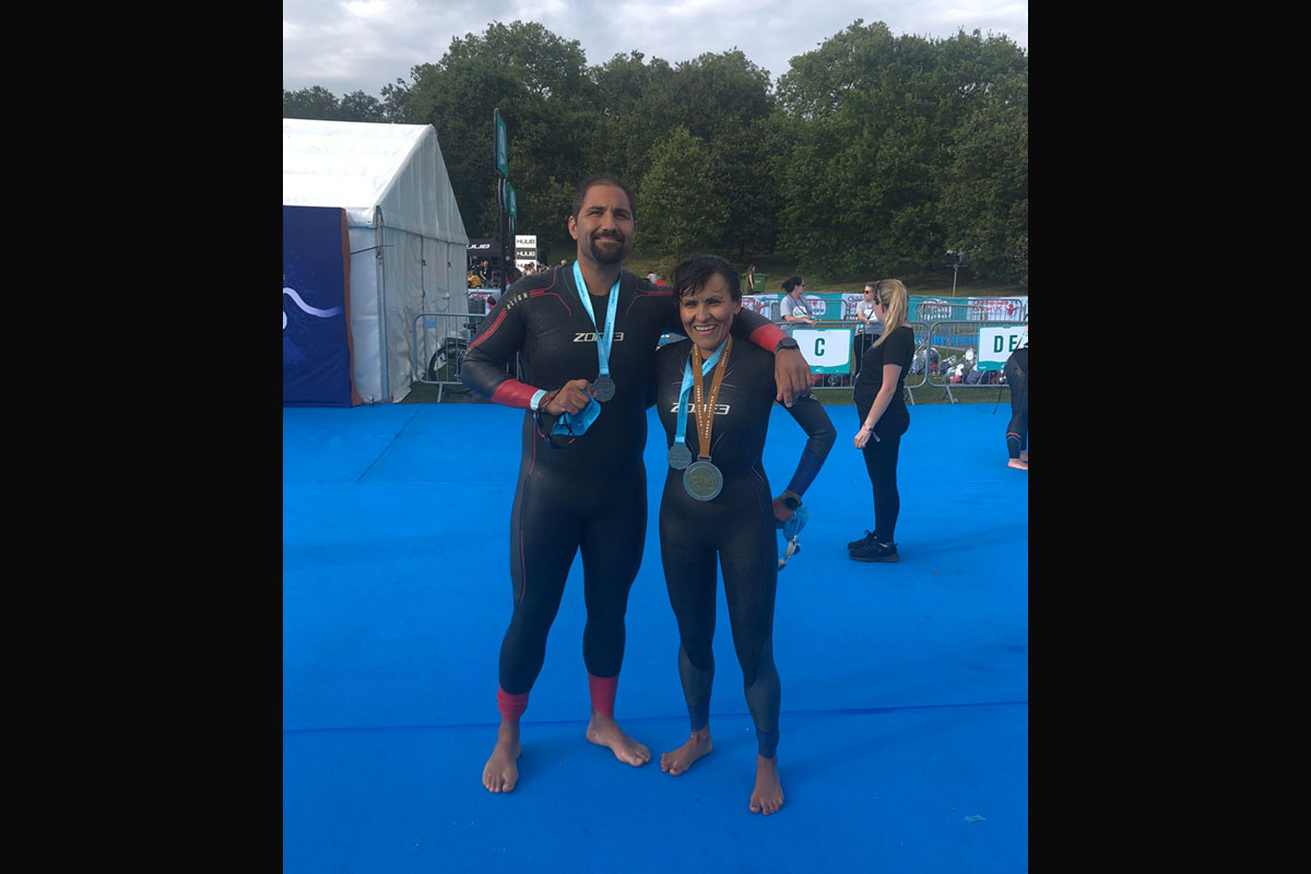 Andy Stainfield and Rose Pantoja at Swim Serpentine with London Classics Medals