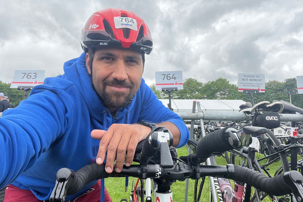 Andy Stainfield racking the bike at Ironman Bolton