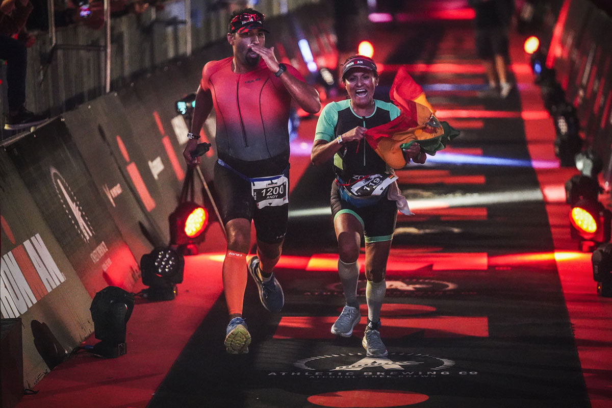 Andy Stainfield and Rose Pantoja finishing Ironman Barcelona