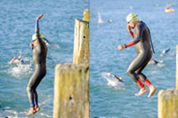 Andy Stainfield and Rose Pantoja entering the water at Ironbourne